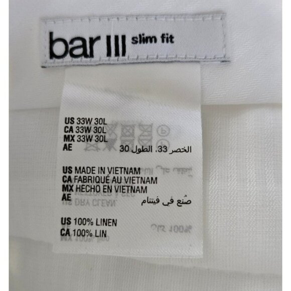 Bar III Size 33W 30L Men's Linen Pants Lined Slim Fit White - Picture 9 of 13